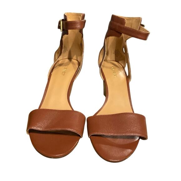 Nine West Floyd Brown Leather Stacked Wedge Sandal Ankle Strap - Picture 2 of 6